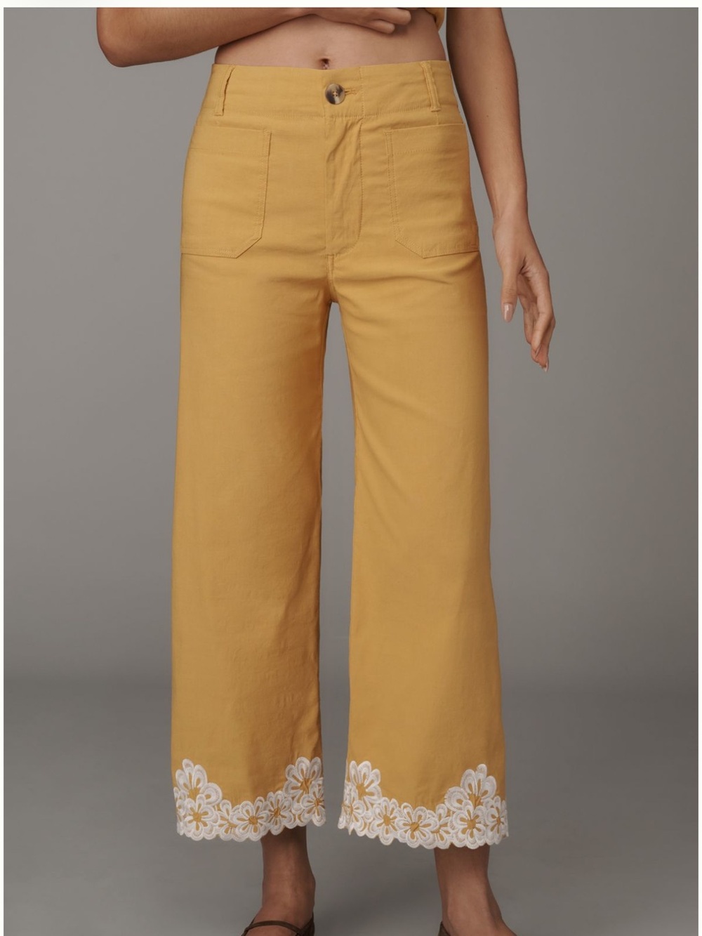 Anthropologie Maeve Colette Narcissus Yellow Embroidered Wide-Leg Pants - Picture 2 of 5